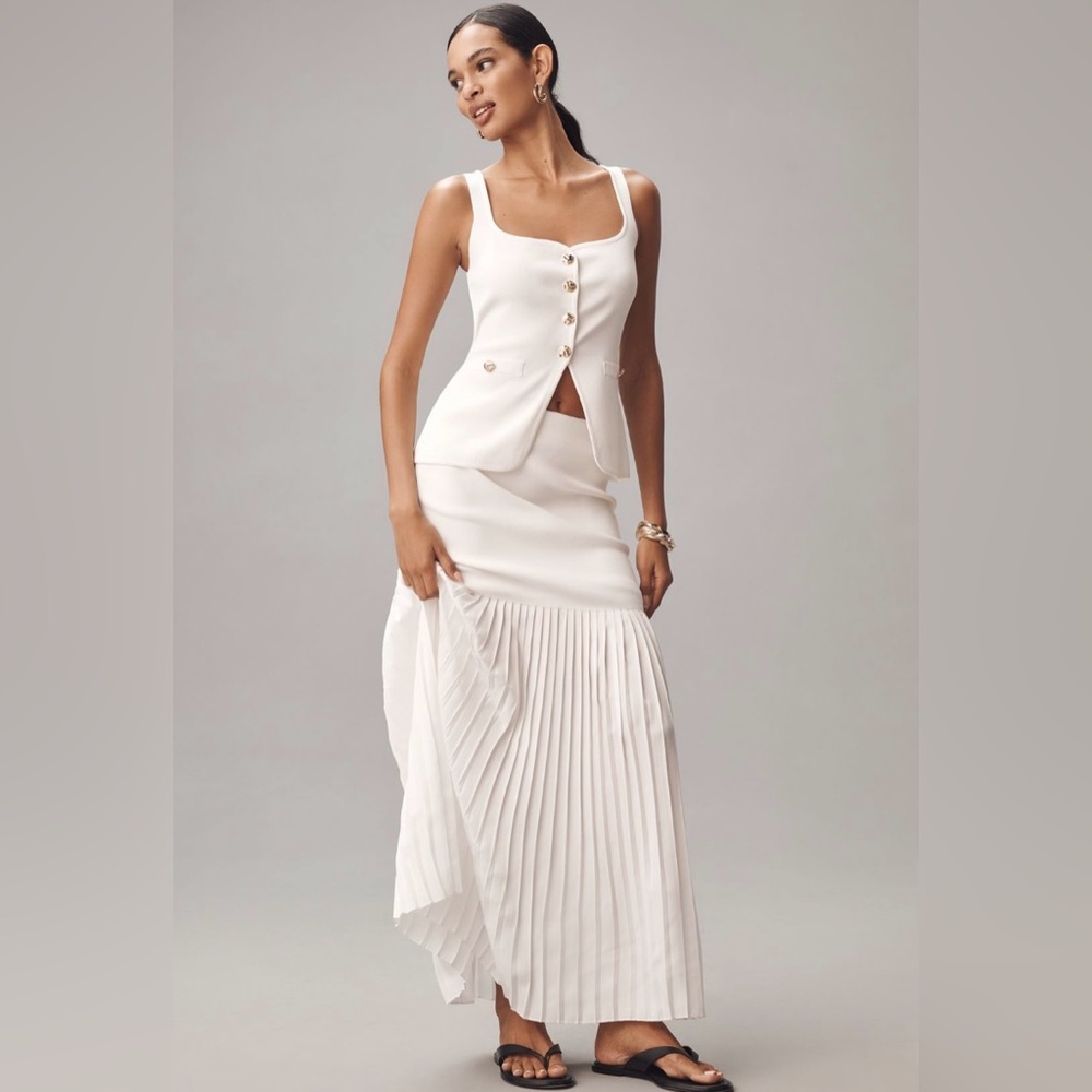 2-Piece Anthropologie Blithe Knit Vest & Pleated Skirt In White